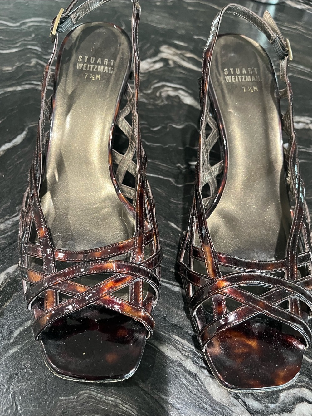 Stuart Weitzman Tangle Tartaruga tortoise patent Slingback Heels cognac 7.5